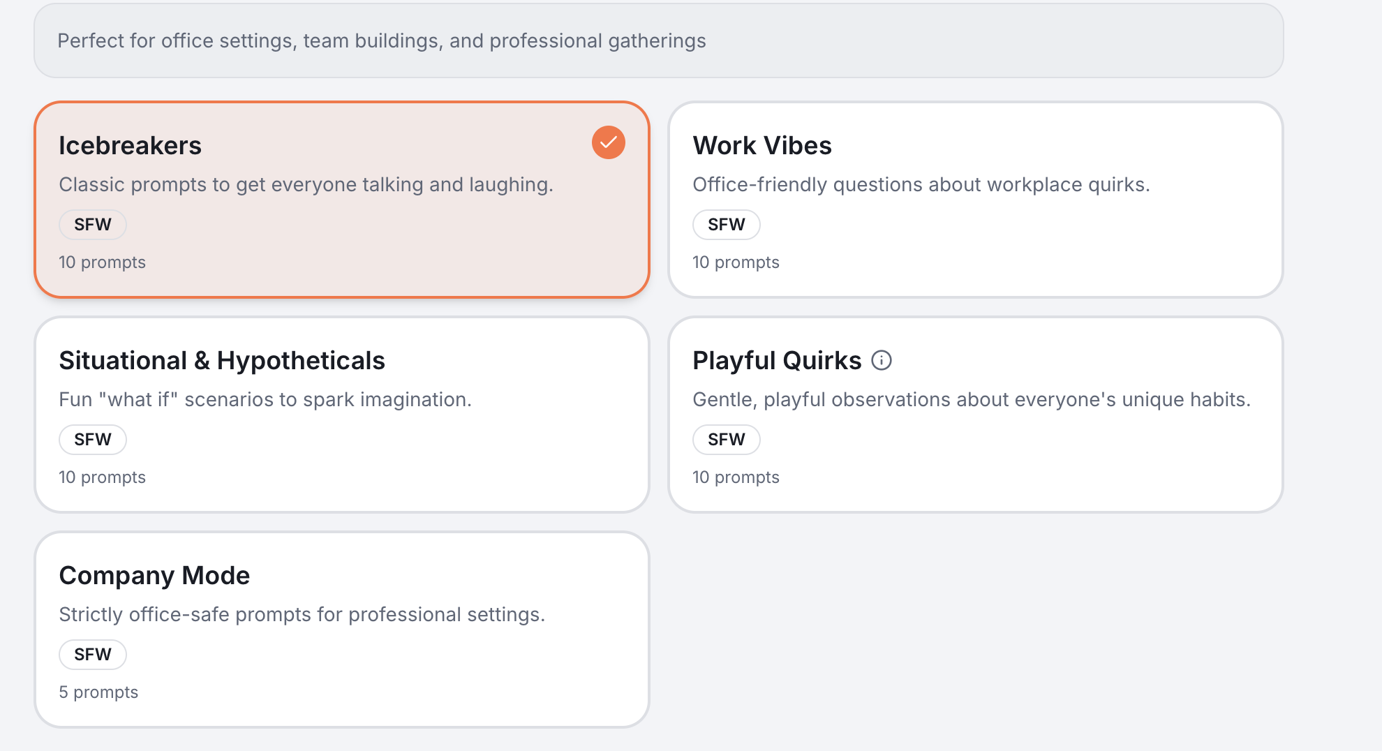 Tabletells game categories including Icebreakers, Work Vibes, and Playful Quirks